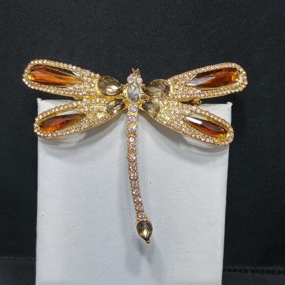Dragonfly Rhinestone Topaz Brooch, Hallmark on Back, 2 Inches - Picture 1 of 8